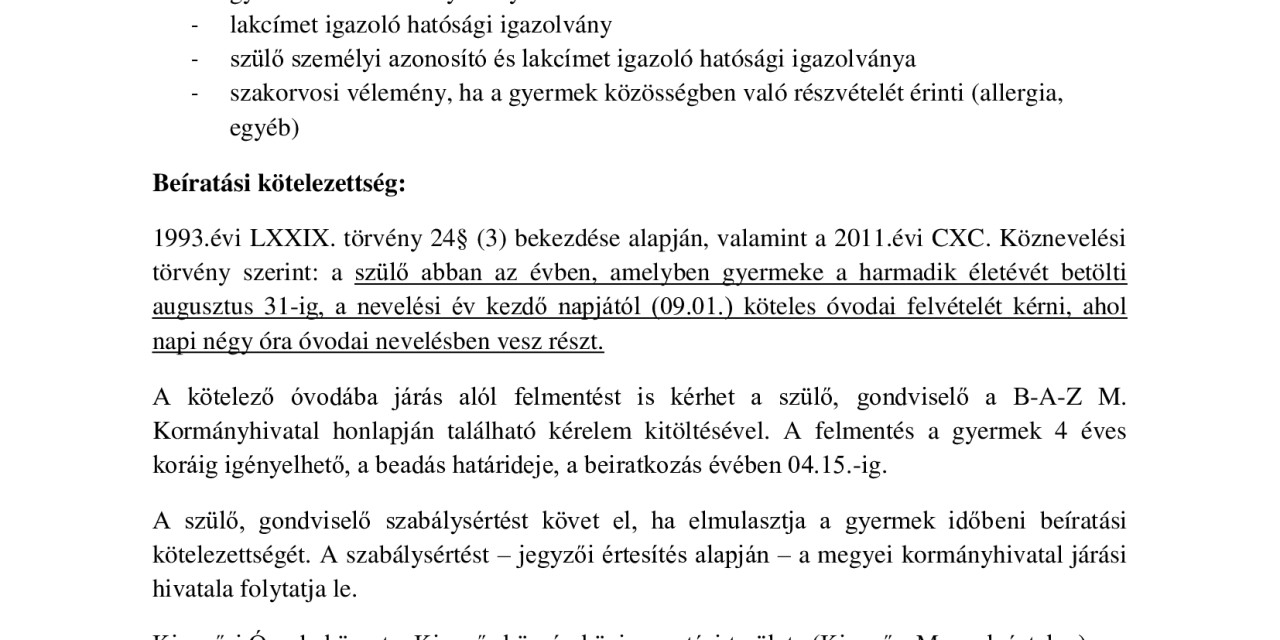 Tájékoztatás óvodai beiratkozásról