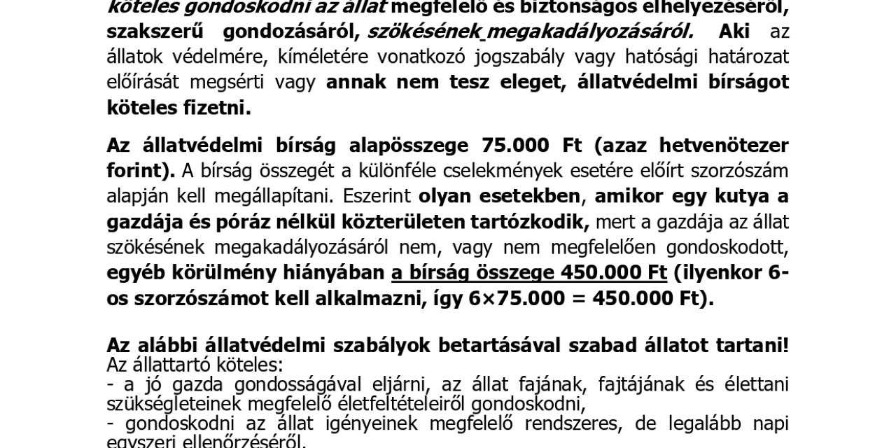 Felhívás az állattartás szabályainak betartására