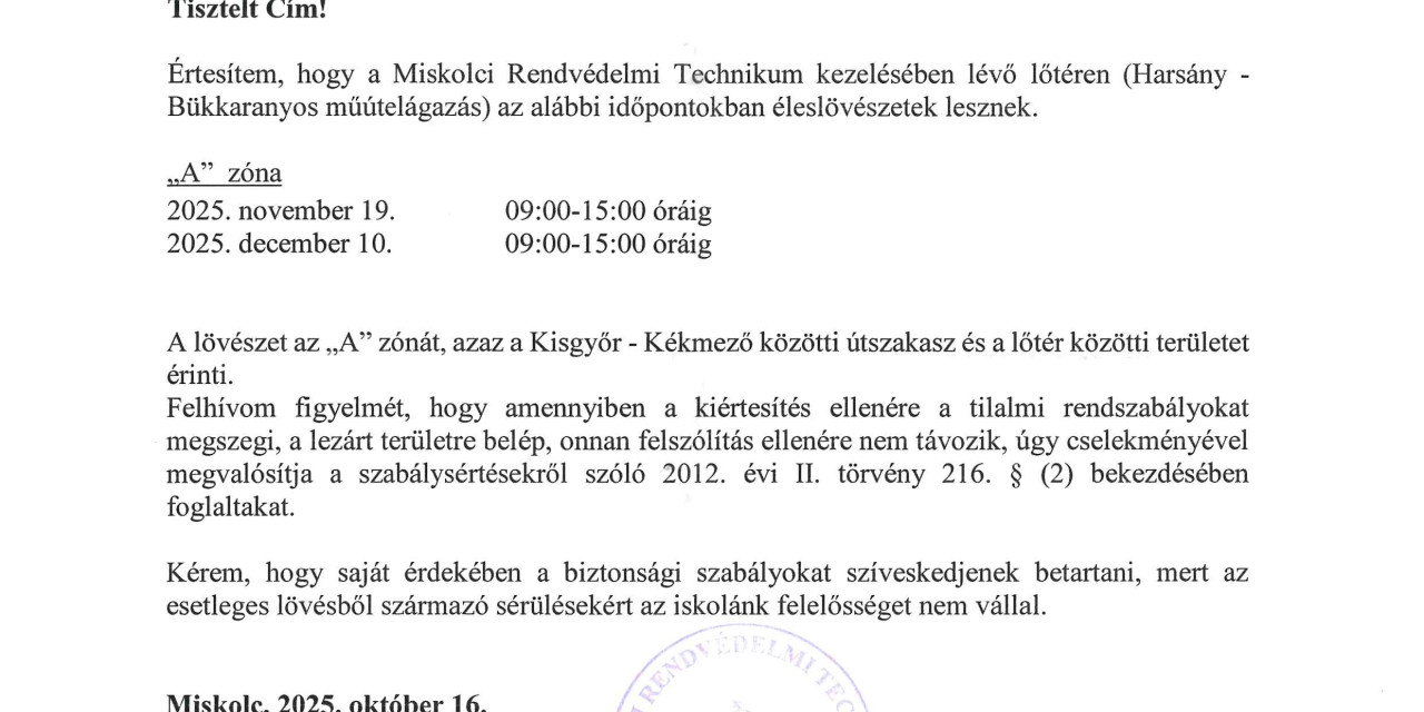 Értesítés lövészetről