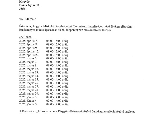 Értesítés lövészetről