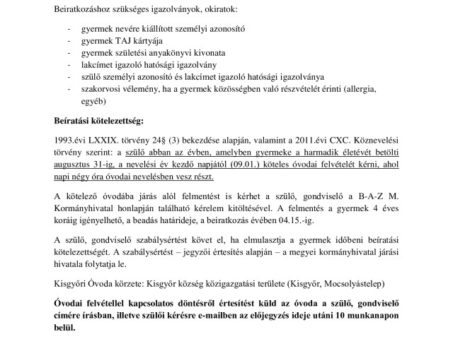 Tájékoztatás óvodai beiratkozásról
