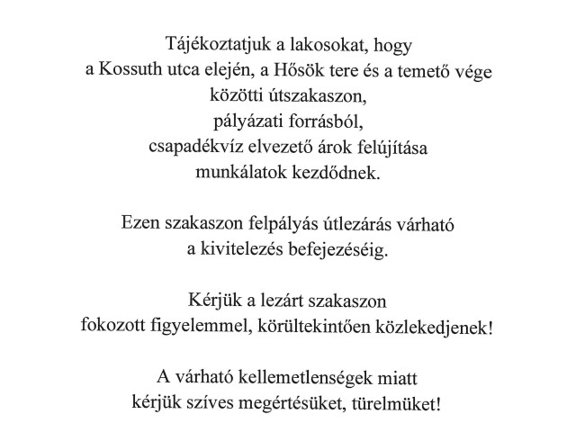 Tájékoztatás útlezárásról 