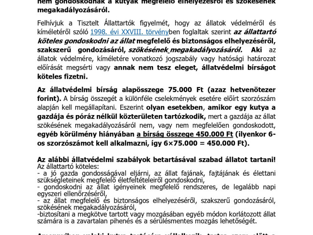 Felhívás az állattartás szabályainak betartására