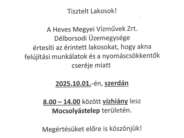 Tájékoztatás vízhiányról