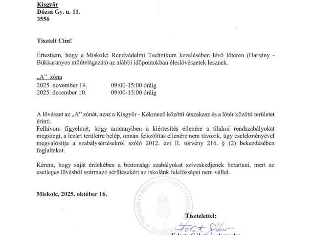 Értesítés lövészetről